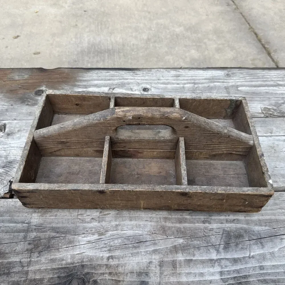 Vintage 6 Comp Wood Garden Tool Tote Caddy Toolbox Handmade Carpenters